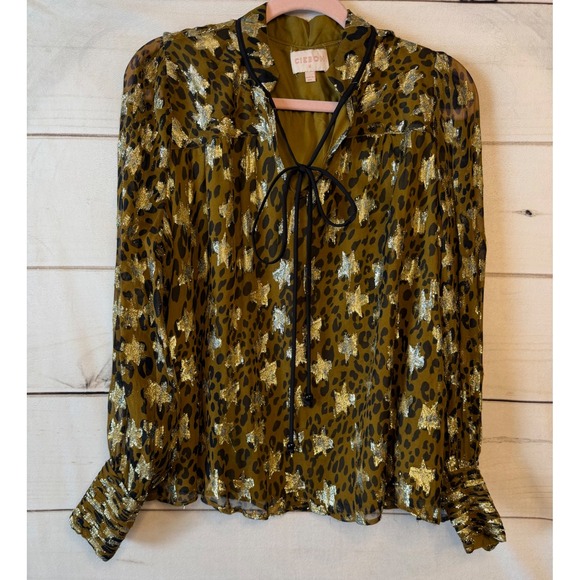 Ciebon Tops - Ciebon Womens Leopard Gold Metallic Star Tie Neck Blouse Green Black Size M